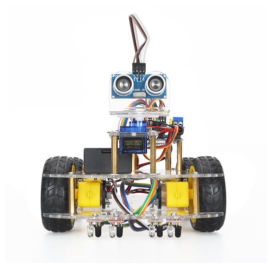 Tscinbuny Kit de robot à monter soi-même pour voiture robotique Arduino, kit éducatif pour robot programmable avec codes, châssis 4 roues motrices avec fonctions de codage de suivi de ligne d'évitement d'obstacles