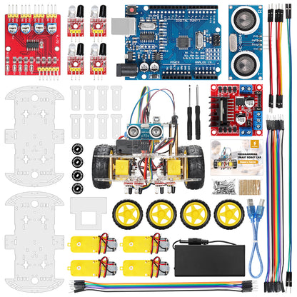 Tscinbuny Smart Robot Car pour Arduino Uno Kit de démarrage, kit éducatif robotique programmable 4WD Évitement d'obstacles avec codes