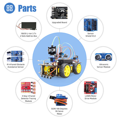 Kit de voiture robot Tscinbuny pour projet Arduino Uno, robot programmable avec codes, 4 roues motrices avec roues en caoutchouc, kit complet de suivi de ligne d'évitement d'obstacles