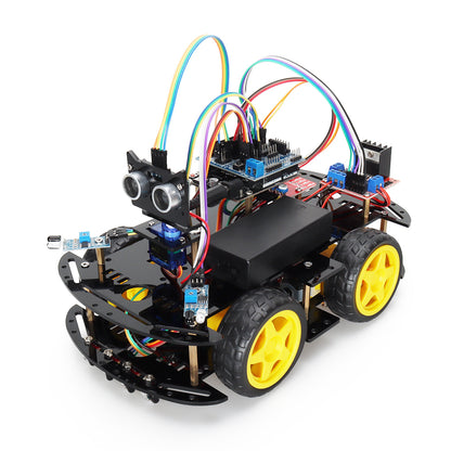 Kit de voiture robot Tscinbuny pour projet Arduino Uno, robot programmable avec codes, 4 roues motrices avec roues en caoutchouc, kit complet de suivi de ligne d'évitement d'obstacles