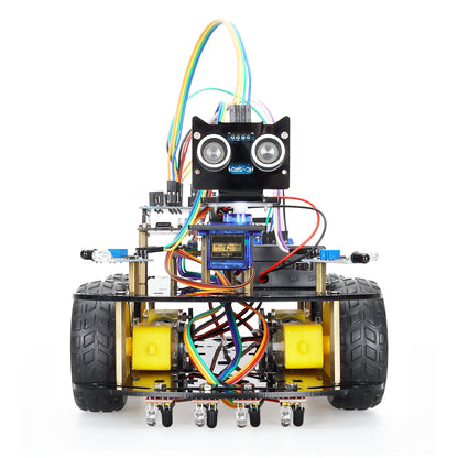 Kit de voiture robot Tscinbuny pour projet Arduino Uno, robot programmable avec codes, 4 roues motrices avec roues en caoutchouc, kit complet de suivi de ligne d'évitement d'obstacles