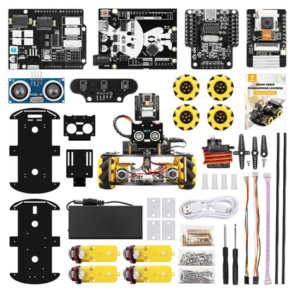 Tscinbuny ESP32 Robot pour Arduino Uno Kit de démarrage, kit éducatif pour robot programmable, châssis de roue omnidirectionnel 4WD 60 mm avec application Wifi, évitement d'obstacles, suivi de ligne, ensemble de voiture intelligente