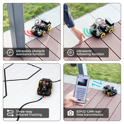 Tscinbuny ESP32 Robot pour Arduino Uno Kit de démarrage, kit éducatif pour robot programmable, châssis de roue omnidirectionnel 4WD 60 mm avec application Wifi, évitement d'obstacles, suivi de ligne, ensemble de voiture intelligente