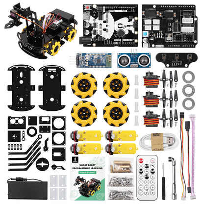 Kit robot Tscinbuny pour bras robotique Arduino, kit éducatif robot programmable avec codes, châssis 4WD avec roue Onmi de 60 mm, suivi de ligne d'évitement d'obstacles avec application